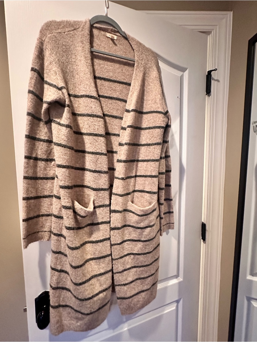 debut Beige Striped Open-Front Long Cardigan